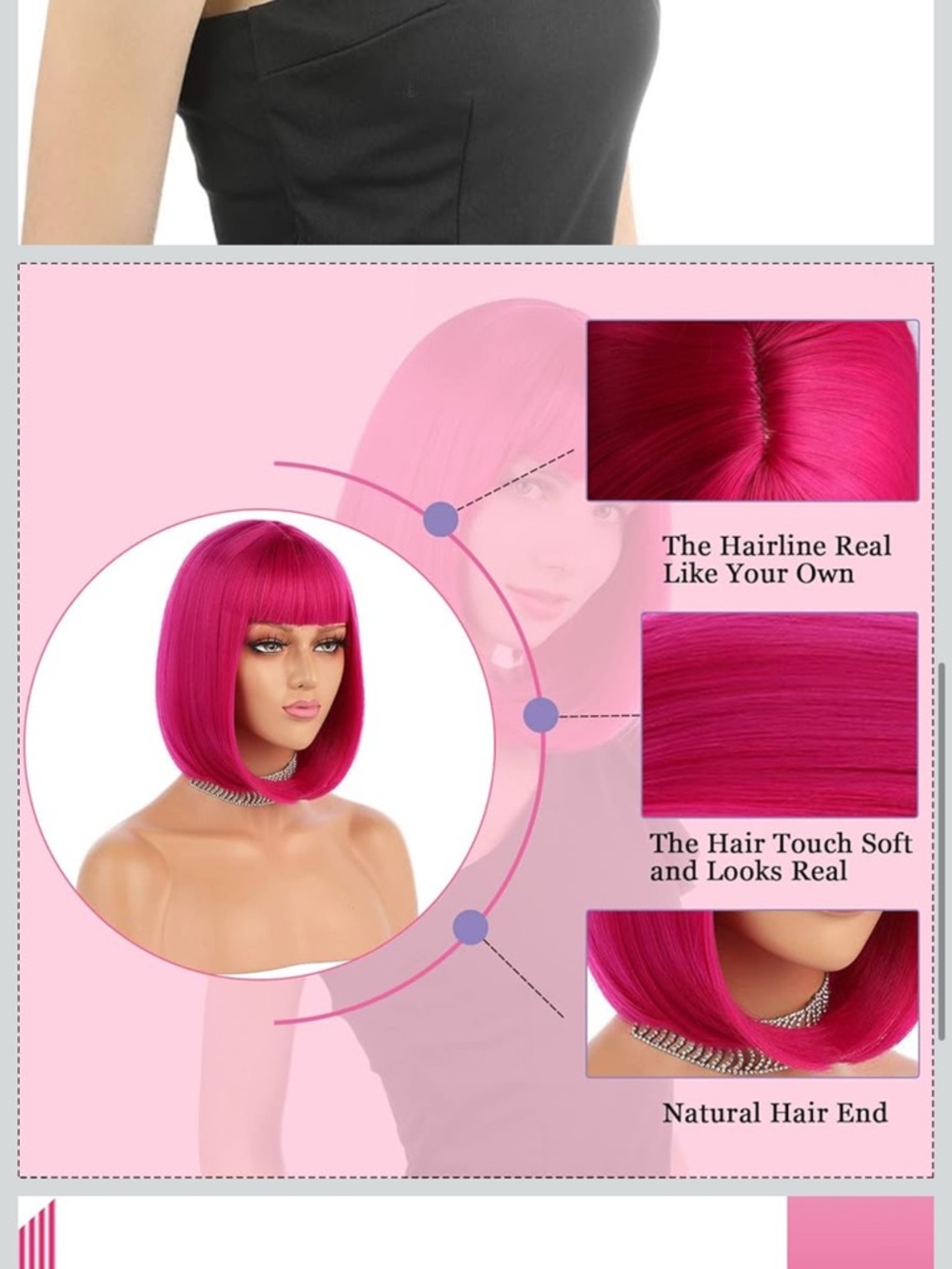 Short Bob Hair Wigs 12" Straight with Flat Bangs Synthetic Hot Pink - Picture 4 of 8